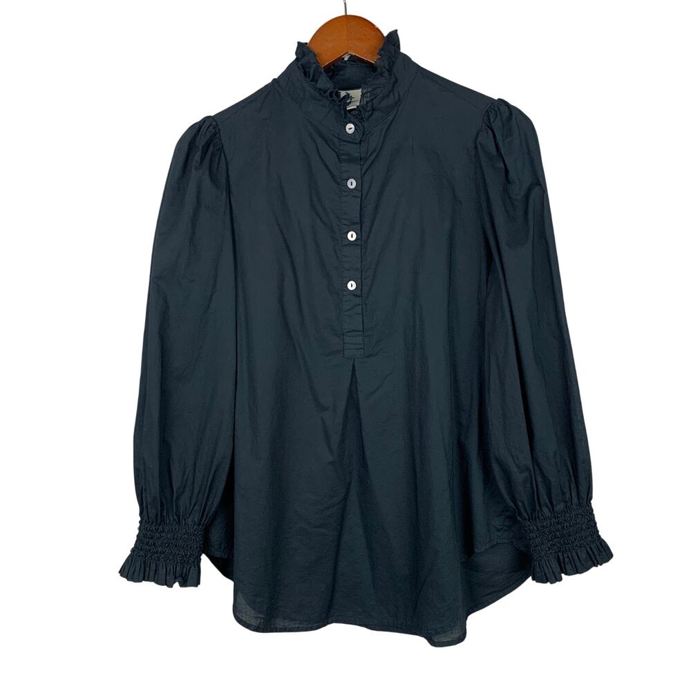 Tuckernuck Teagan Popover Shirt Blouse Black Cotton Ruffle Neck Women's L
